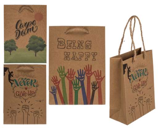 Kraft papierová taška s motivačnými návrhmi 11,5 x 6 x 16 cm, v rôznych prevedeniach. 12 ks.