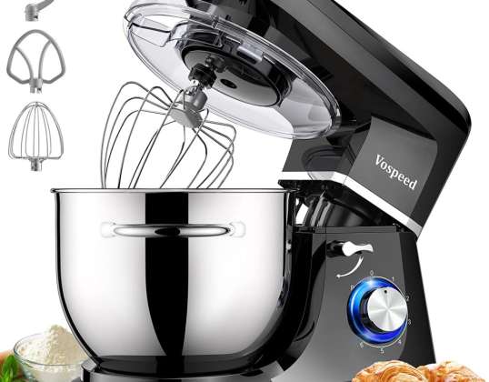 Кухненски робот на едро Vospeed 1500W, машина за месене на тесто с купа от неръждаема стомана 7L, 6 скорости, размахване, кука за тесто