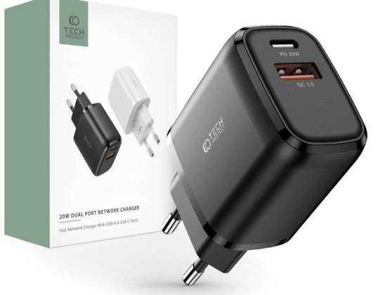 Настенное зарядное устройство C20W 2-портовый USB-C - USB PD20W / QC3.0 черный