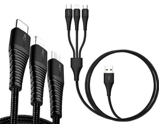 Rock Hi-Tensile 3in1 3A Kabel 1.2M USB-C + Lightning + Micro Zwart