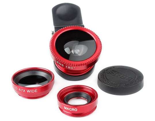 Set of 3 Lens Lenses for Macro Fish Eye Wide Phone Red