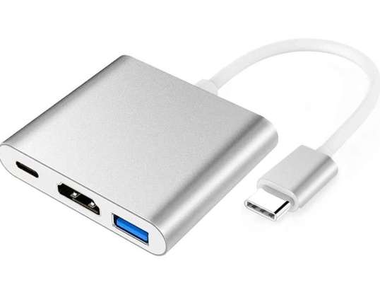 HUB 3in1 adapteris Alogy adapteris USB-C 3.0 HDMI USB-A Sidabras