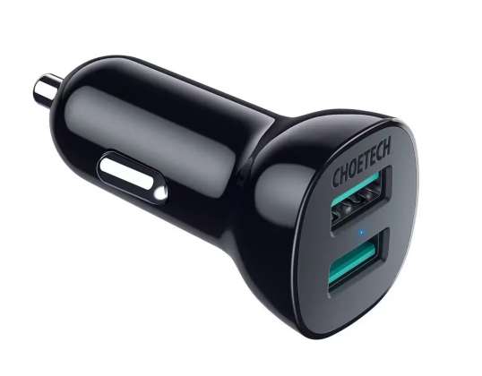 Choetech automobilinis įkroviklis 2 x USB Quick Charge 3.0 30W 2,4A juoda