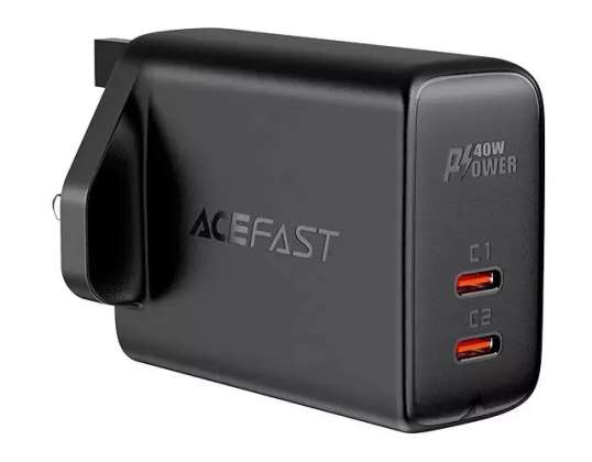 Zidni punjač Acefast (UK utikač) 2x USB tip C 40W, PPS, PD, QC