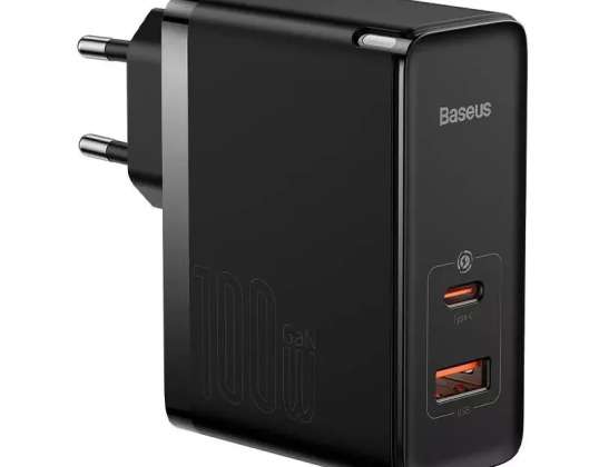 Baseus GaN5 Pro Stenski polnilnik, USB-C + USB, 100W + kabel (črn)