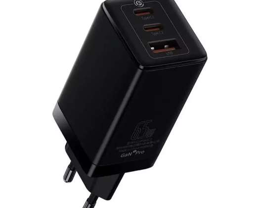 Baseus GaN3 Pro wandlader, 2xUSB-C + USB, 65W (zwart)