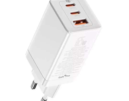 Baseus GaN3 Pro wall charger, 2xUSB-C + USB, 65W (white)