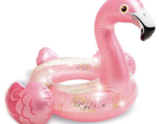 Flamingo oppustelig svømmering til børn - glimmerfyldt, slidstærk PVC, 60 kg maksimal belastning