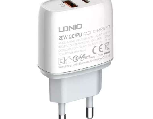 AC lader LDNIO A2424C USB C 20W Lightning kabel