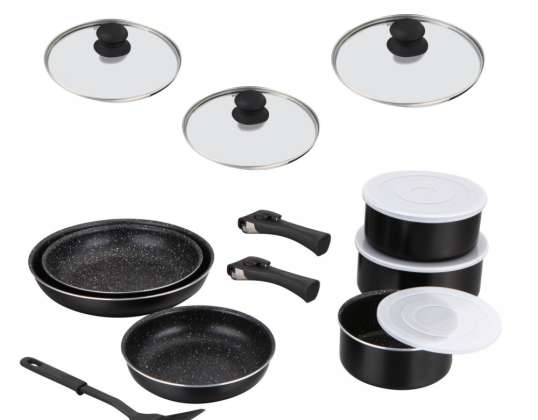 Herzberg HG 8091 15BK: 15 Pieces Marble Coated Cookware Set