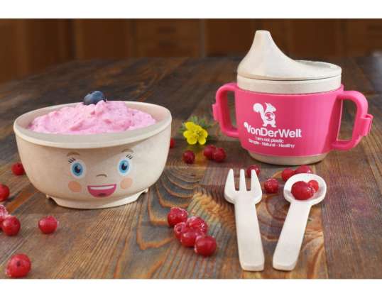 Set for babies and children: bowl, plate, cup, spoon and fork