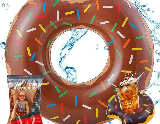 Donut inflable marrón con soporte de copa para morder incluido - 120 cm - anillo de natación piscina y agua para adultos y niños