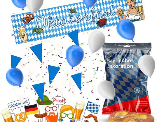 XXL Bavārijas Wiesn apdares komplekts Oktoberfest Dahoam ar vairāk nekā 100 gabaliem - baneriem un baloniem un daudz ko citu.