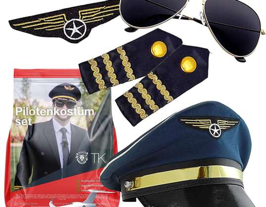 Пилотен комплект Капитан - Карнавален карнавал за мъже - Костюм с пагони, райета, пилотска шапка, пилотска шапка, значка - Пилотен костюм