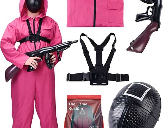 The Game Squid 4 in 1 Set Costume with Suit & Gun & Mask - Adults for Carnival & Halloween