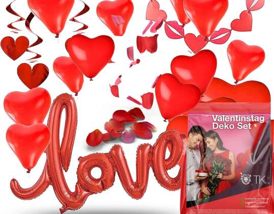 XXL Valentino dienos dekoravimo rinkinys raudonas - širdies balionai, girlianda, LOVE folijos balionas, rožių žiedlapiai - santuokos pasiūlymas vestuvės