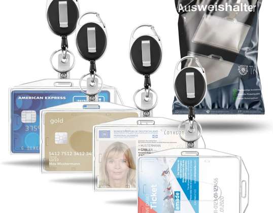 4x držák na plaketu Premium se zatahovací/výsuvnou klíčenkou - Držák občanského průkazu - Držák karty / přístupové karty s tvrdou plastovou sponou - Karetní vana