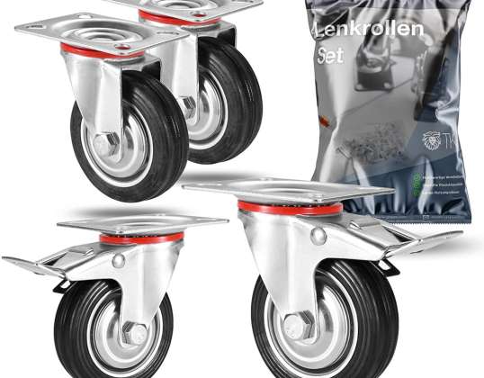 4-osaiset jarrulliset kuljetuspyörät - raskaaseen käyttöön tarkoitetut pyörät 75 mm - kääntöpyörät, jopa 100 kg:n painoiset lastattavat - massiivikumista valmistetut pyörät - huonekaluille ja työpöydille ja paljon muuta.