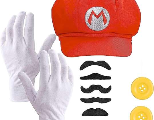 Costume Super Mario 2 en 1 avec gants, moustache, casquette, boutons comme costume de carnaval