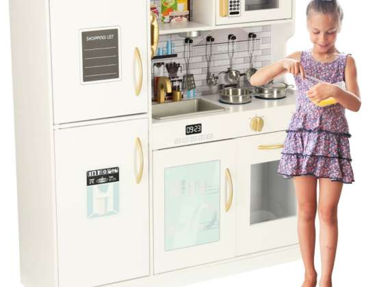 Lasten puinen keittiö jääkaapilla ostoslista LED-valotarvikkeet kattilat ruokailuvälineet iso 80cm