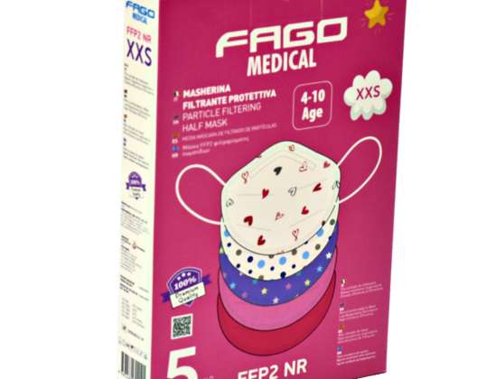 Fago Poli FFP2 Maska filtrująca XXS rozmiar 5 sztuk dla dziewczynek w różnych wzorach w wieku 4 10 lat.