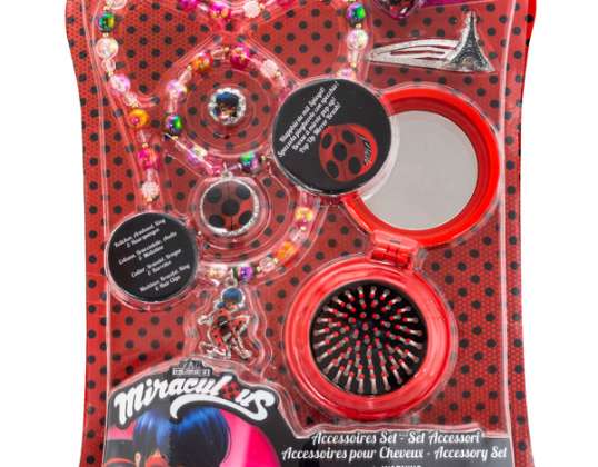 Miraculous jewelry set with 2 glitter hair clips, pearl necklace, pearl bracelet ring and pop up brush with mirror