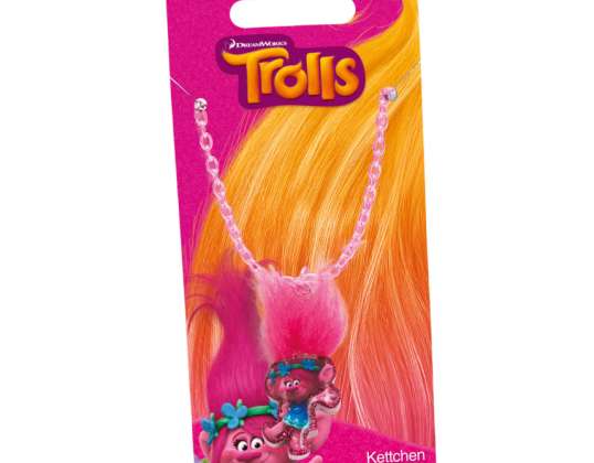 Collier Coquelicot Trolls avec pendentif paillettes et cheveux Trolls