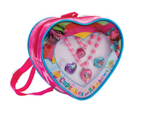 Trolls jewelry set in a heart-shaped backpack: necklace, bracelet and 2 rings