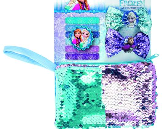 Zestaw Disney Frozen z 6 uchwytami na plecionki, 2 spinki do włosów z brokatowym ściegiem i magiczną cekinową torebką kosmetyczną