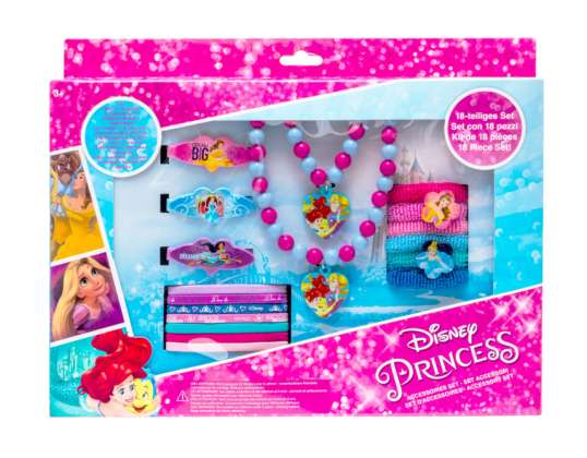 Disney Princess Accessories Set 18 pieces: 1 bracelet 1 chain 3 hair clips 7 elastic bands 6 braid holders