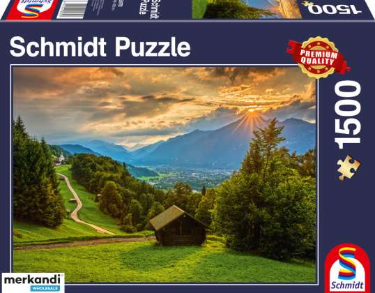Zachód słońca nad górską wioską Wamberg 1500 elementów puzzle