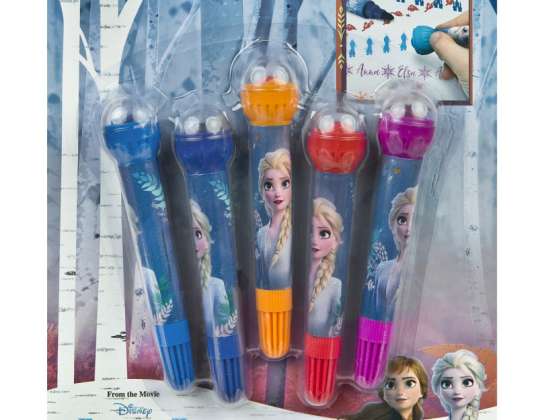 Disney Frozen / Frozen 5 šķiedru pildspalvas ar ritošo zīmogu / 2 in 1 ritošā zīmoga KOMPLEKTS