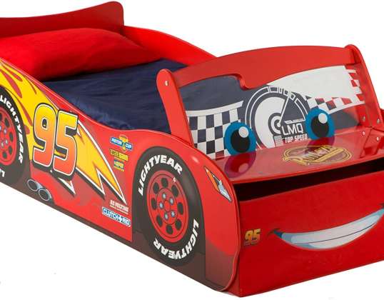 Toddler bed for boys in the design of Lightning McQueen from Disney Cars with storage space and illuminated windshield