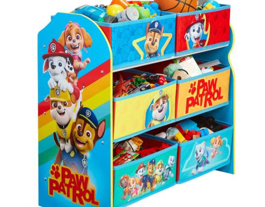 Paw Patrol toy storage shelf with six boxes for children