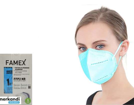 Famex tirkīza FFP2 filtrēšanas aizsardzības maska, 10 iepakojumi | 3D dizains un hipoalerģiski materiāli