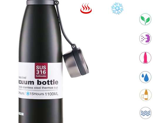Thermoskanne Stahl geräumige Flasche groß 1,1l für Getränke Wasserflasche THM