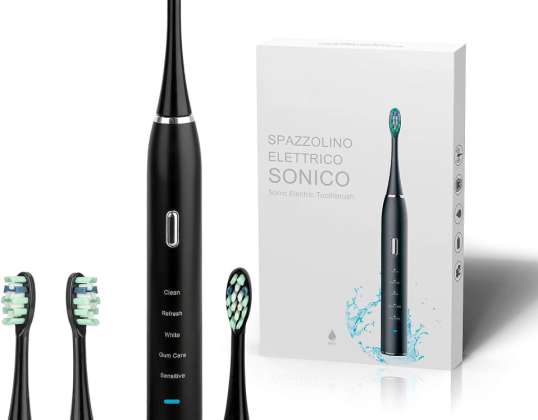Ultrasone elektrische tandenborstel, draadloos oplaadbaar via USB, 4 opzetborstels, 5 standen, 4 uur snel opladen gedurende 30 dagen, kleur: zwart