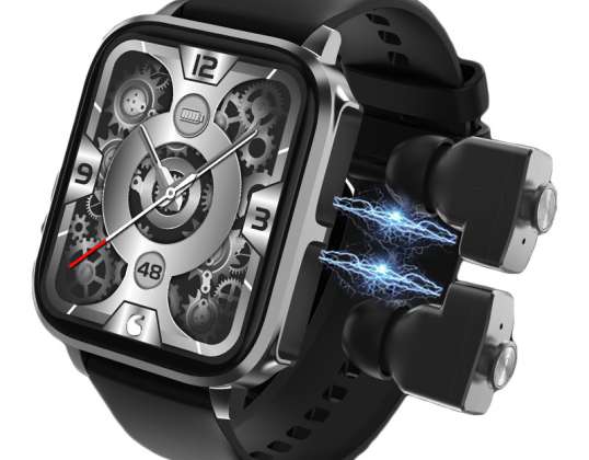 T22 Black Smartwatch with Built-in Bluetooth Earbuds