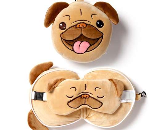 Relaxeazzz plyšové mopy mops pes cestovní polštář a oční maska