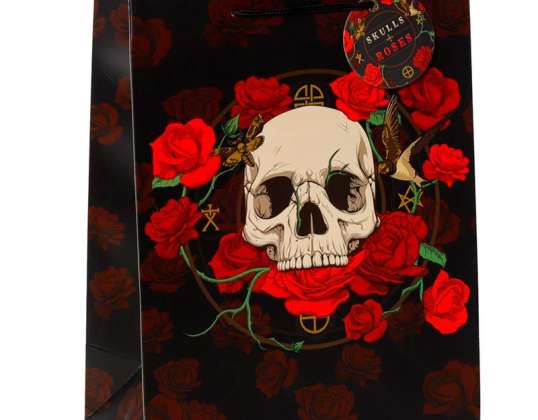 Skulls &amp; Roses Totenkopf rote Rosen Geschenktasche    L   pro Stück