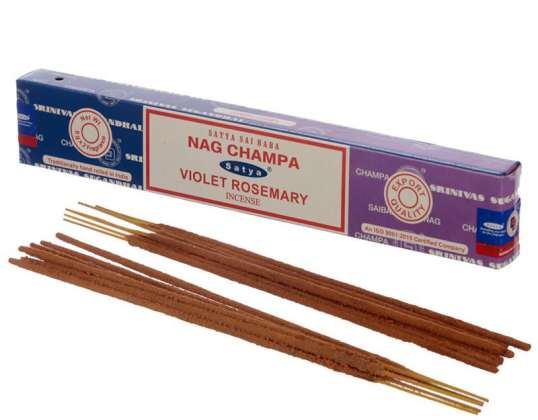 01340 Satya Nag Champa &ampa a fialové rozmarínové vonné tyčinky v balení