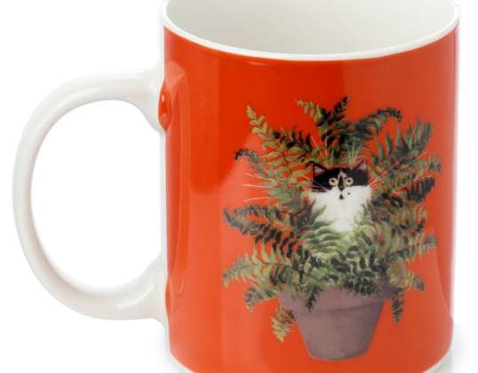 Kim Haskins kočka kočka v květináči červený porcelánový hrnek