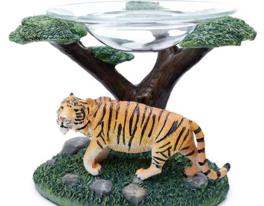 Tiger with tree Resin fragrance lamp with glass bowl