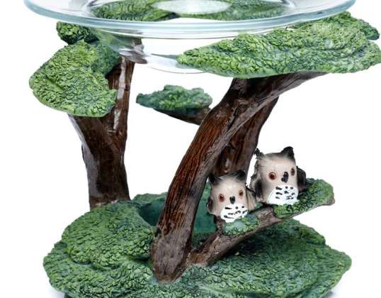 Owls with tree Scent lamp made of resin with glass bowl