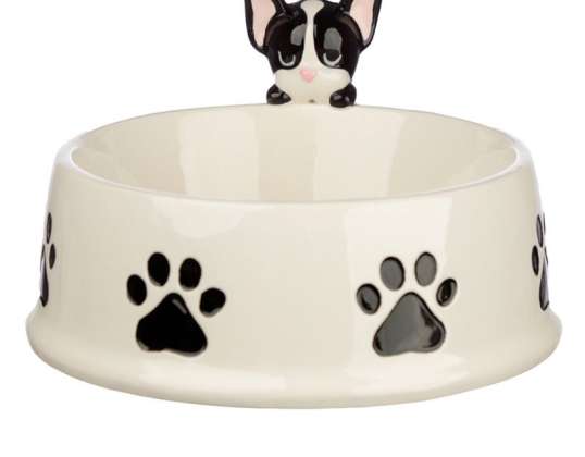 Ceramic French Bulldog on edge feeding bowl