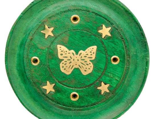 Mango Wood Butterfly Round Green Incense Holder Per Piece