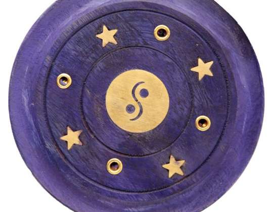 Manguier Wood Yin Yang Round Purple Incense Holder Par Pièce