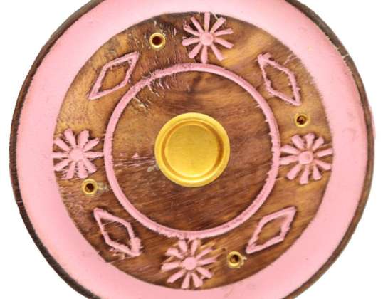 Mango Wood Pink Patterned Round Incense Holder Per Piece