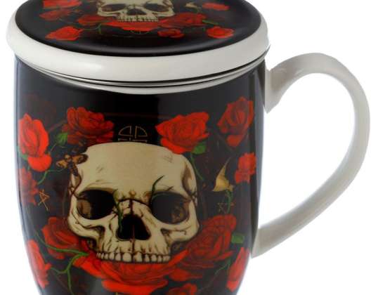 Taza de calavera Skulls & Roses hecha de porcelana con infusor de té y tapa