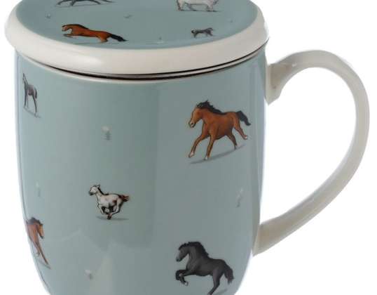 Ned på Farm Horse Cup lavet af porcelæn med te, infuser og låg
